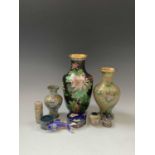 Three Japanese cloisonne vases, largest height 26cm and six other cloisonne items.