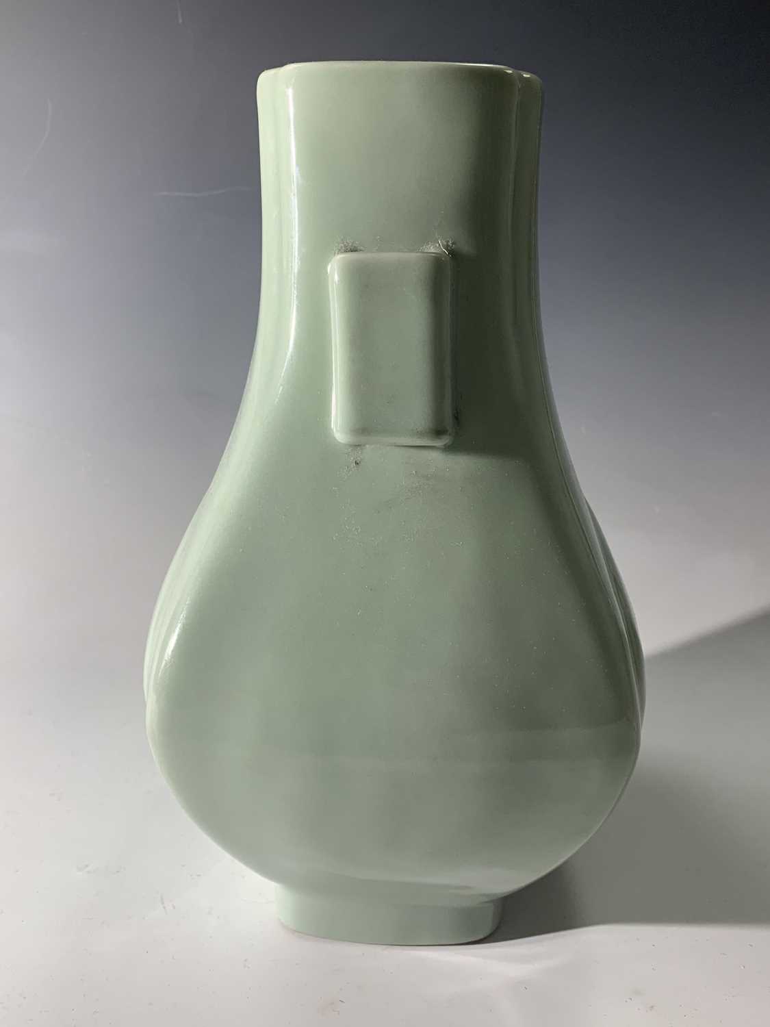 A Chinese celadon hu-form vase, Guangxu Period, with square section lug handles, six character marks - Image 8 of 13
