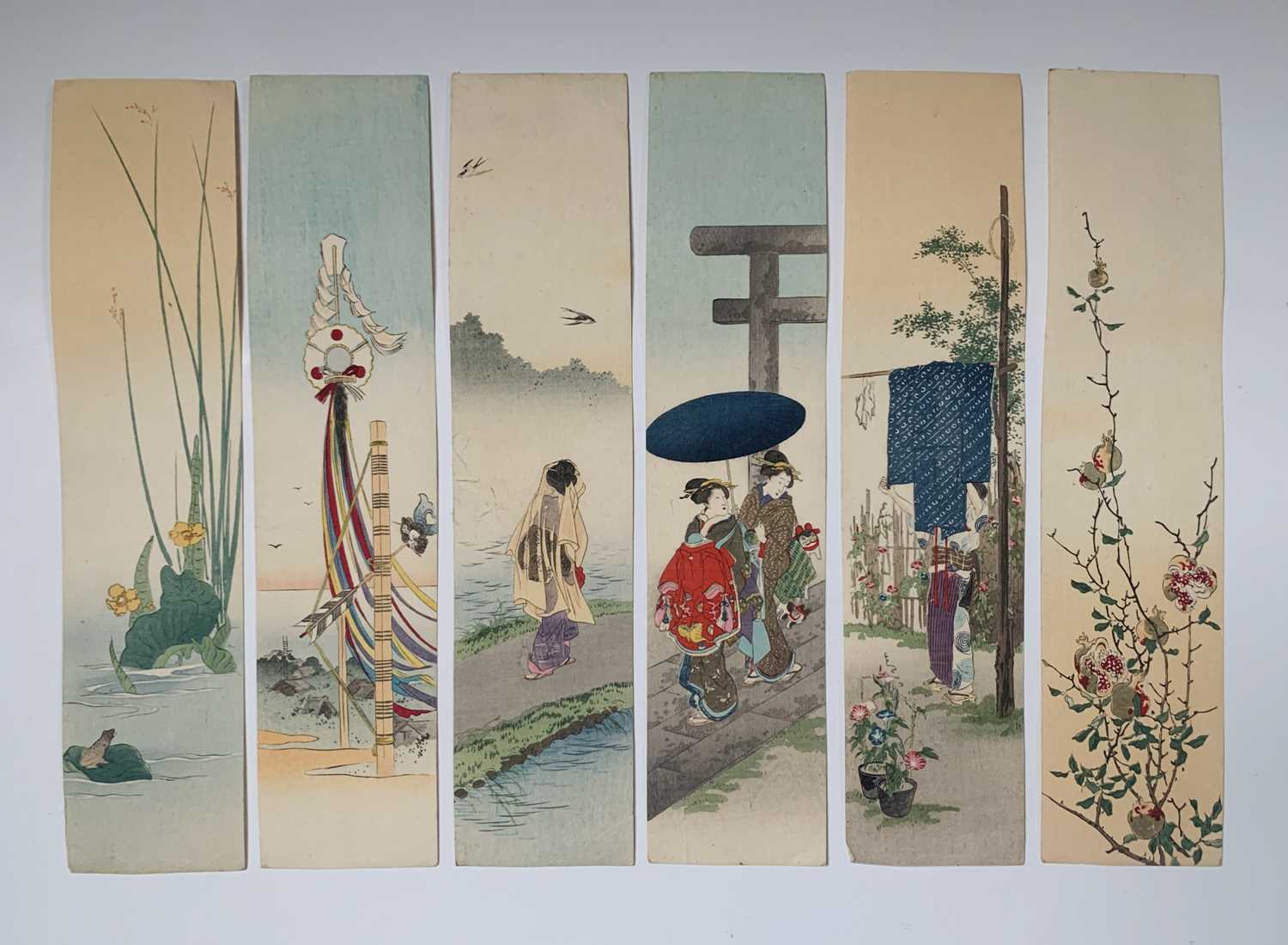 Eleven Japanese unframed watercolours, early 20th century, 32.6 x 7.4cm. - Image 2 of 3