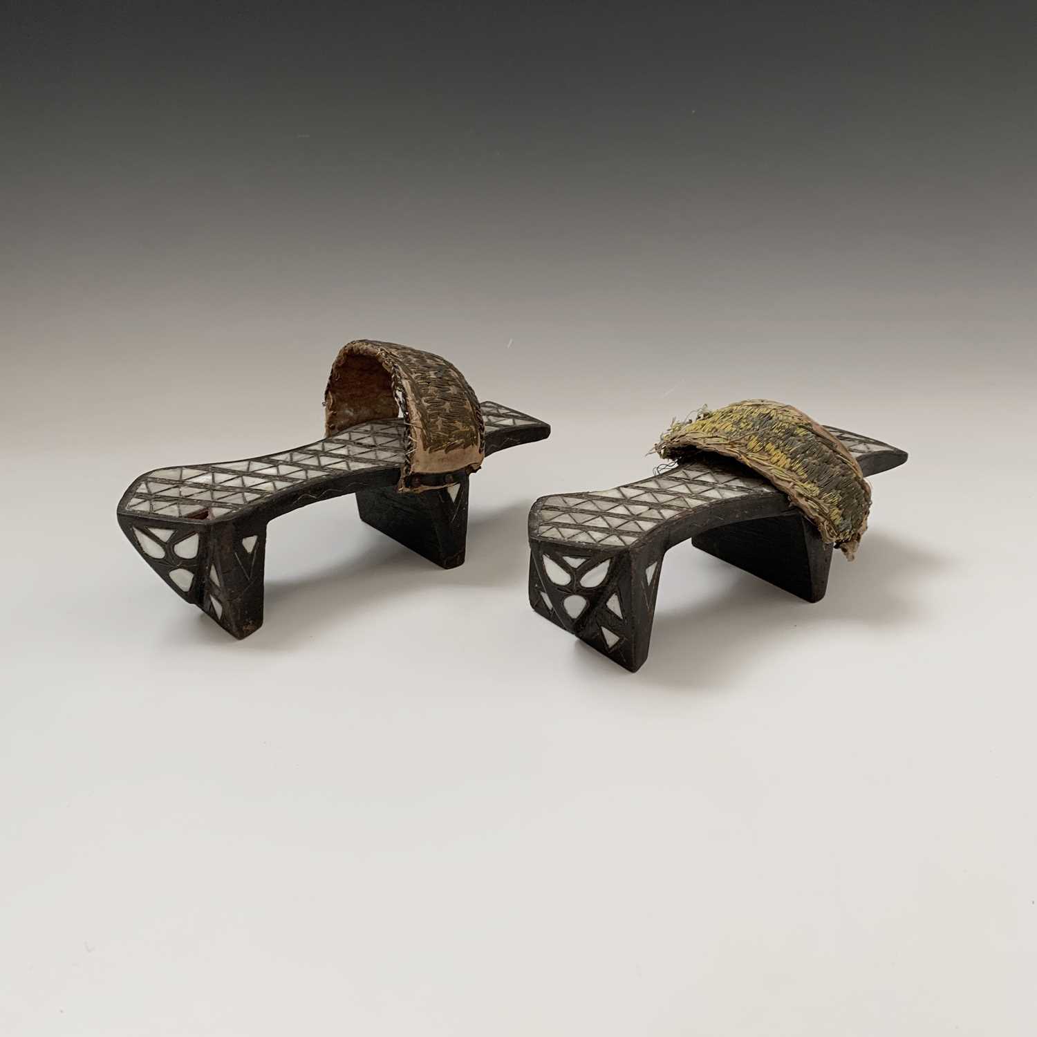 A pair of Turkish Ottoman wooden and mother of pearl inlaid bath shoes, 19th century, length 23.