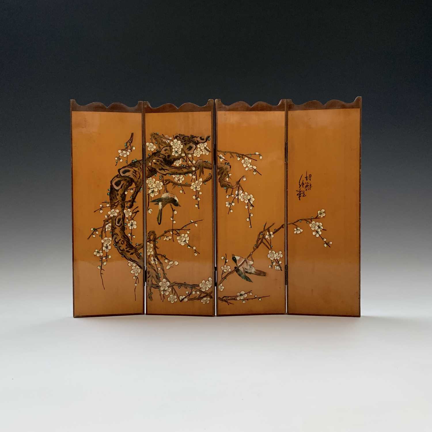 A Japanese bamboo four-fold table screen, early 20th century, signed, carved and painted with - Image 2 of 4