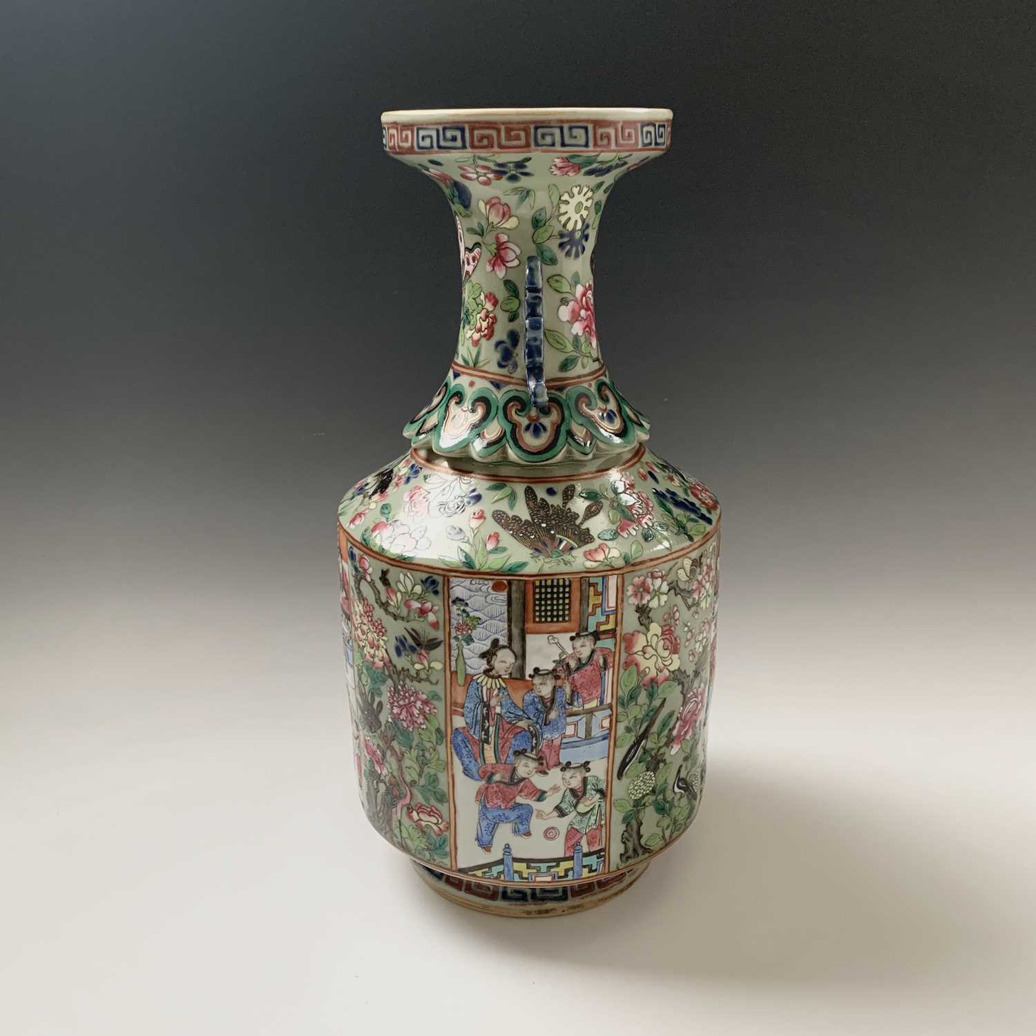 A Chinese Canton twin-handled celadon vase, 19th century, with butterflies amongst foliage above - Image 5 of 27