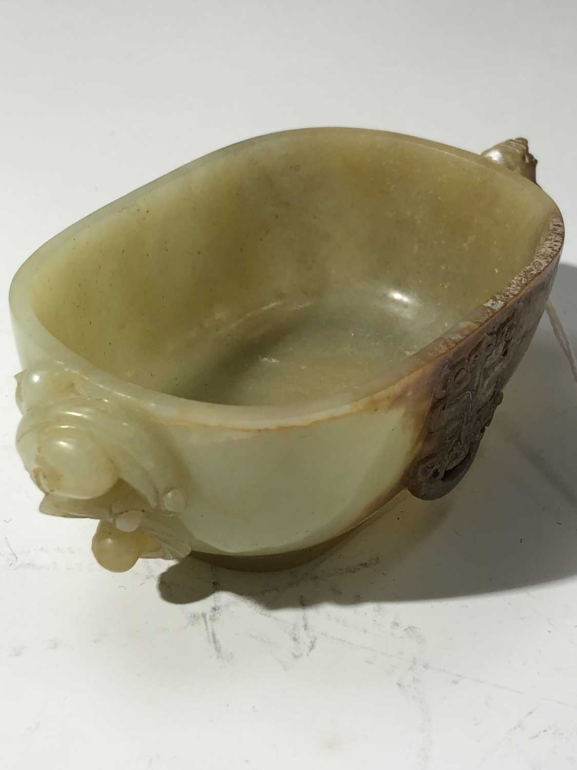 A Chinese jade water pot, 18th century, with twin horned beast handles, the front and rear with - Image 8 of 14