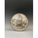 A Japanese porcelain tray, 19th century, the river scene with gilt decorated warriors in the