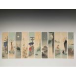 Eleven Japanese unframed watercolours, early 20th century, 32.6 x 7.4cm.
