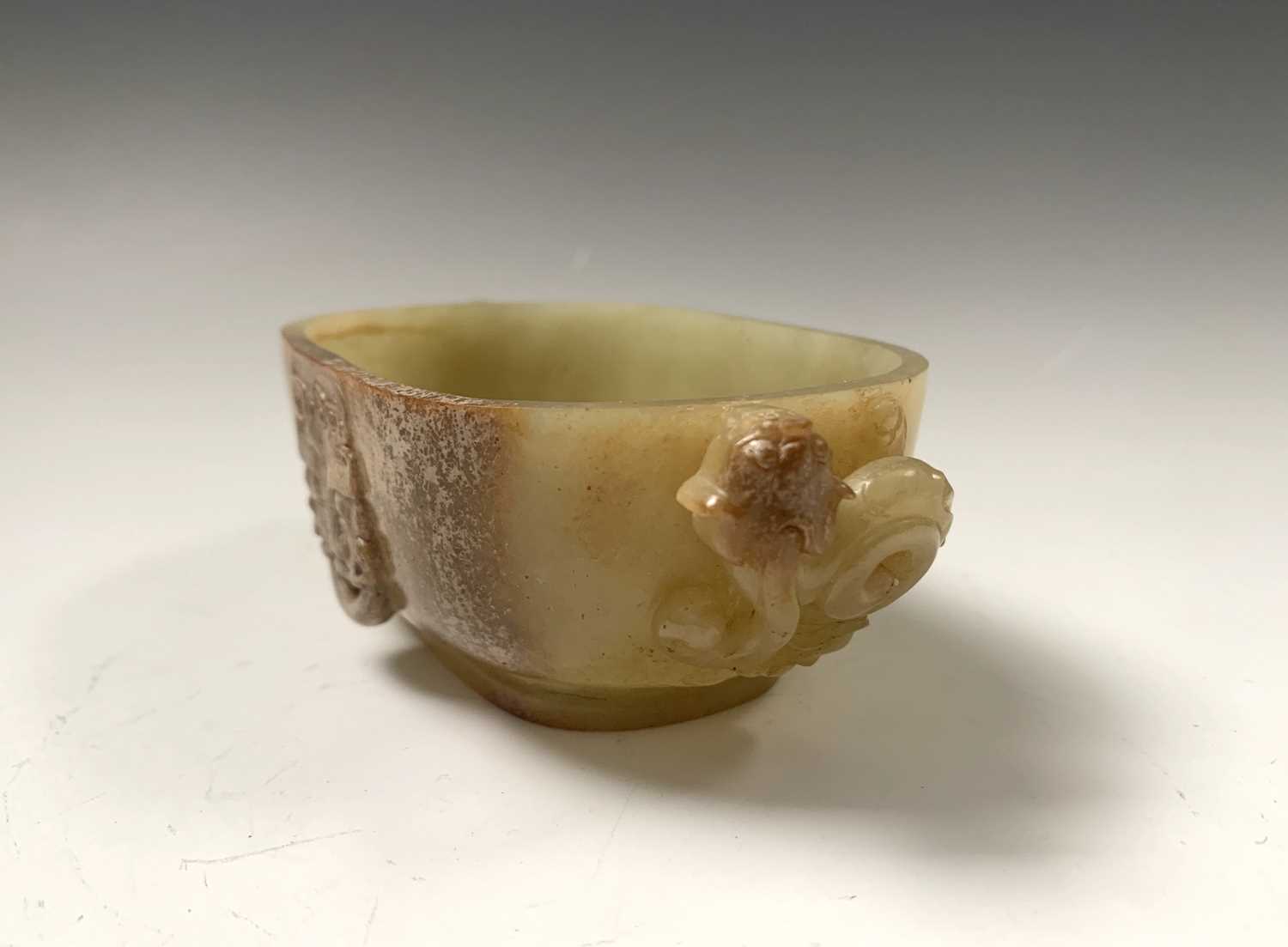 A Chinese jade water pot, 18th century, with twin horned beast handles, the front and rear with - Image 3 of 14