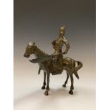 A Japanese bronze figure of a samurai warrior on horseback, inlaid with semi precious stones, height