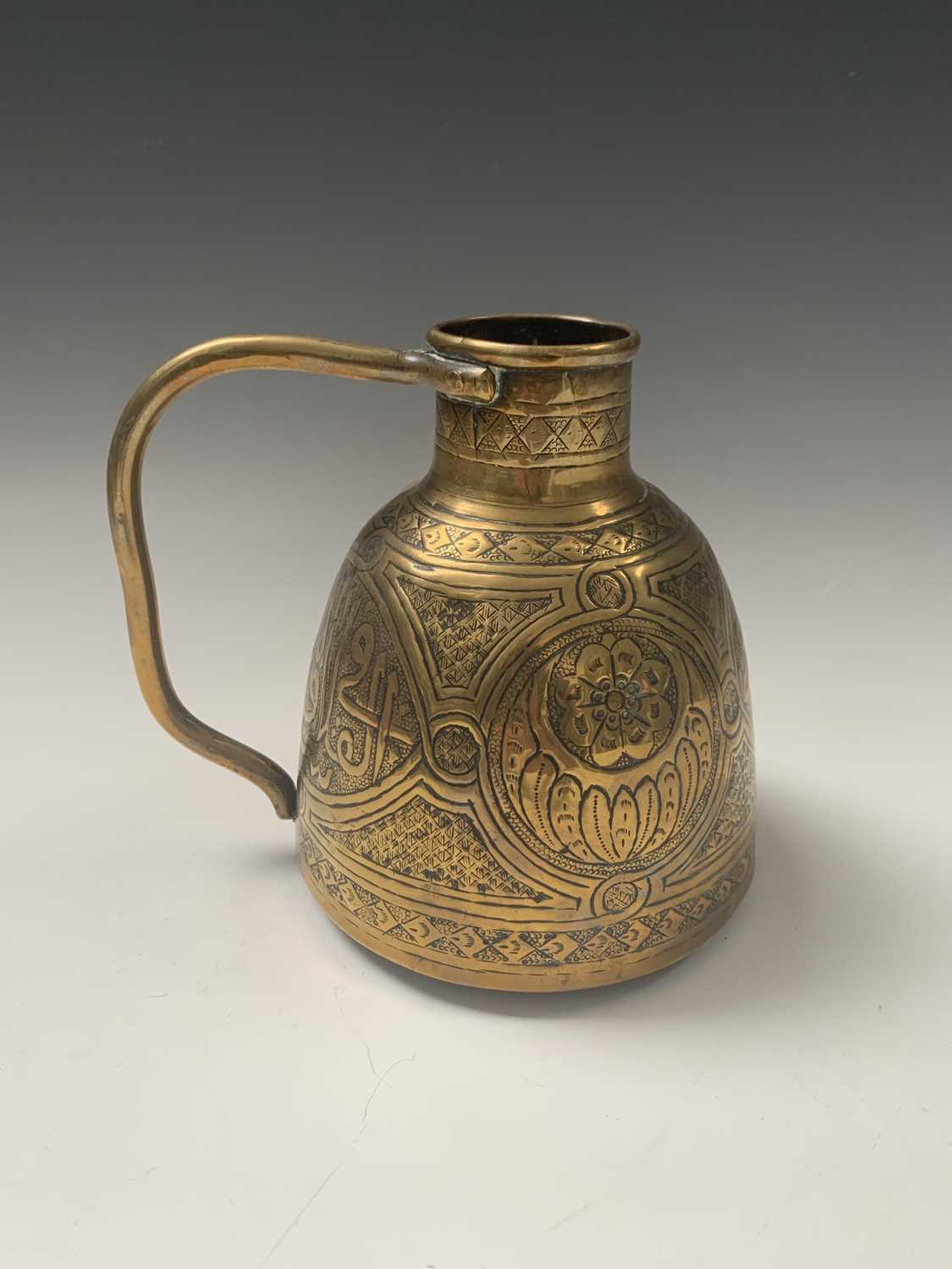 A Persian brass hanging oil lamp, width 17.5cm, a Cairoware brass jug, height 14cm and three - Image 6 of 12