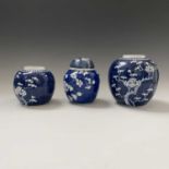 Three Chinese blue and white prunus pattern ginger jars, 19th century, height of largest 21cm.