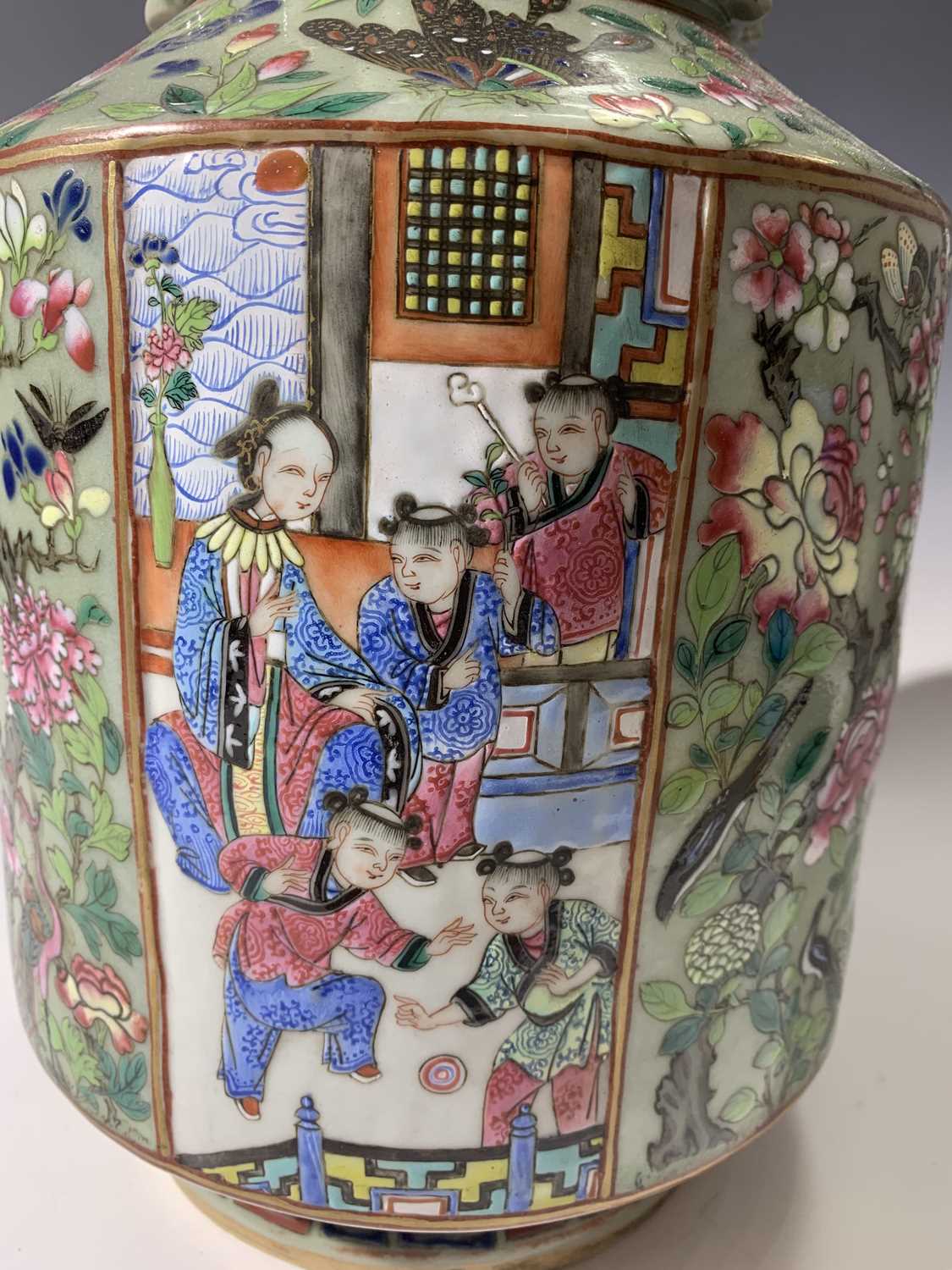 A Chinese Canton twin-handled celadon vase, 19th century, with butterflies amongst foliage above - Image 19 of 27