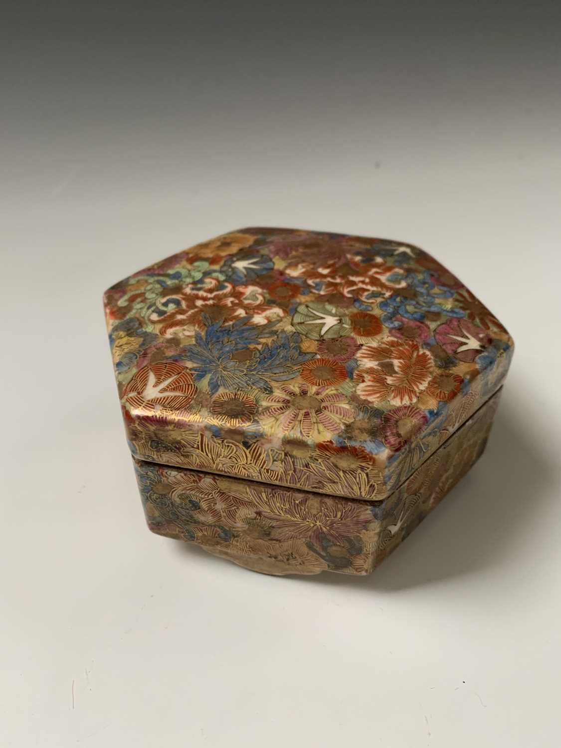 A Japanese satsuma millefleur hexagonal box and cover, Meiji Period, signed, height 5.5cm, width - Image 7 of 7