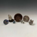 Five Chinese and Japanese cloisonne items to include a bowl, two dishes, a miniature vase and two