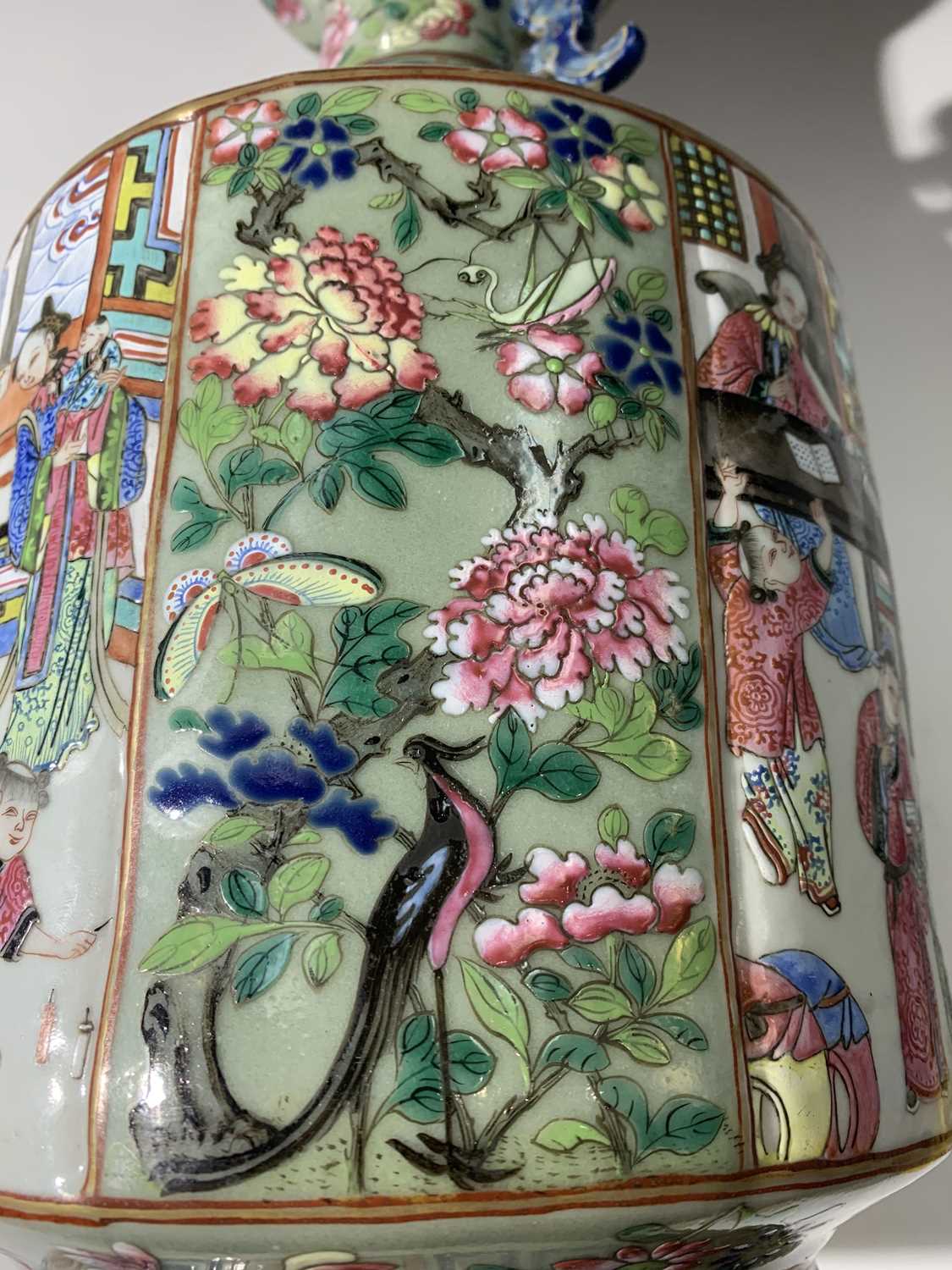 A Chinese Canton twin-handled celadon vase, 19th century, with butterflies amongst foliage above - Image 25 of 27