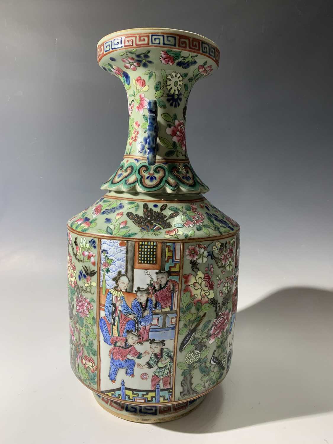 A Chinese Canton twin-handled celadon vase, 19th century, with butterflies amongst foliage above - Image 27 of 27
