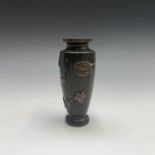 A Japanese bronze vase, Meiji Period, height 15cm, a pair of soapstone figures, a soapstone