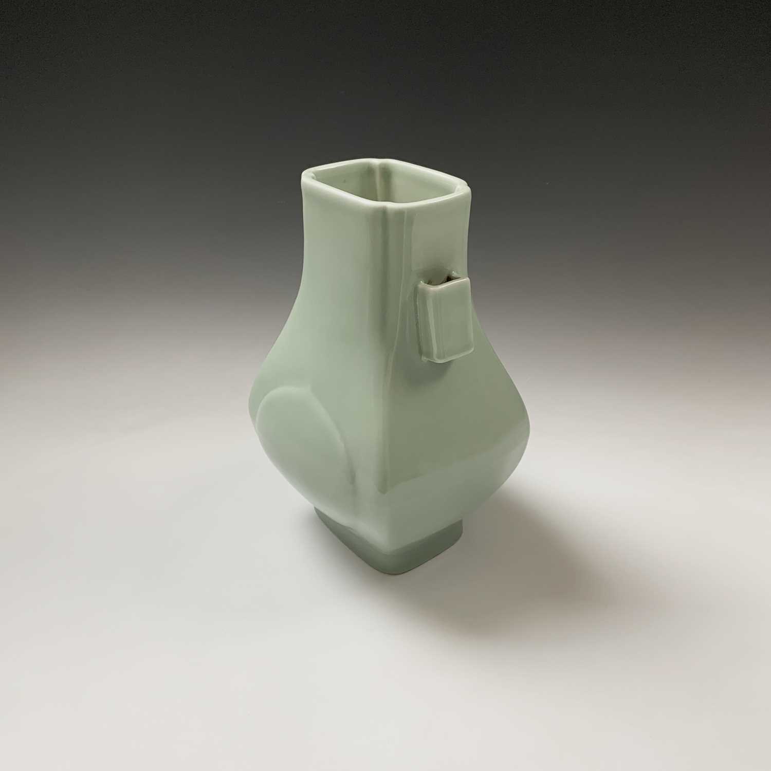 A Chinese celadon hu-form vase, Guangxu Period, with square section lug handles, six character marks - Image 4 of 14