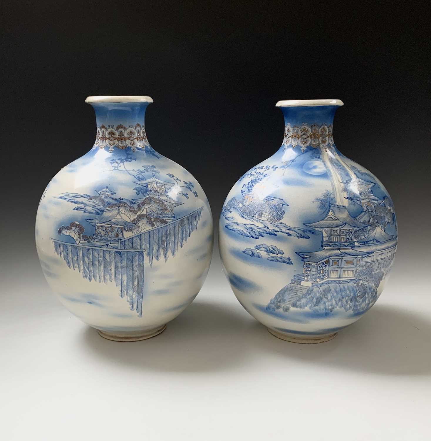 A large pair Japanese Satsuma earthenware vases, early 20th century, of globula form, signed, height - Image 4 of 4