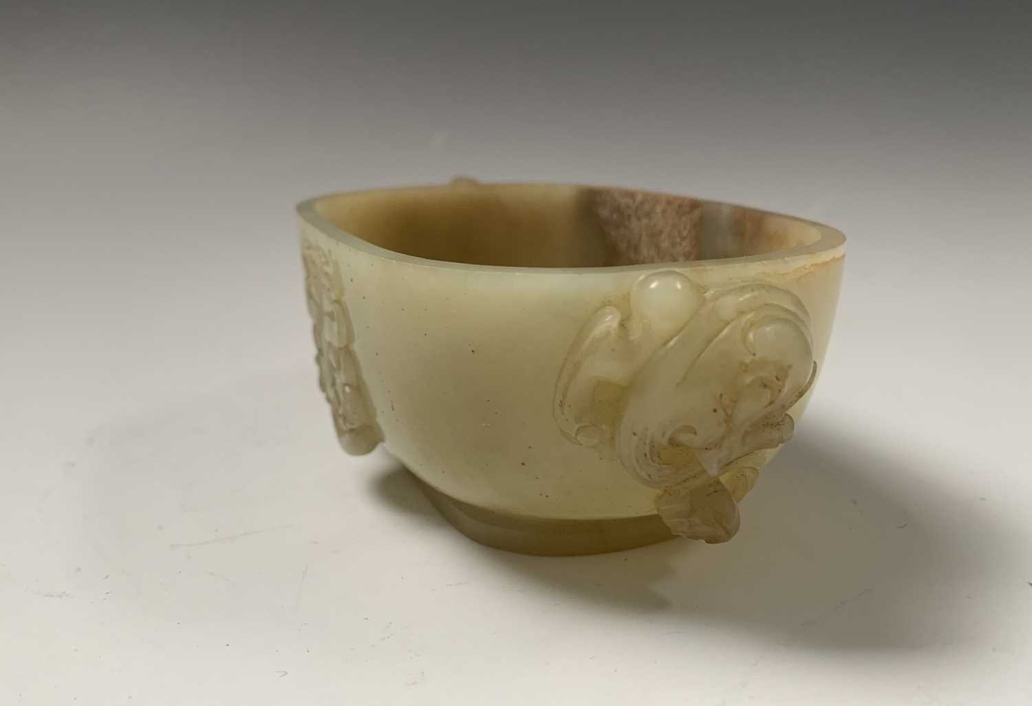 A Chinese jade water pot, 18th century, with twin horned beast handles, the front and rear with - Image 7 of 14