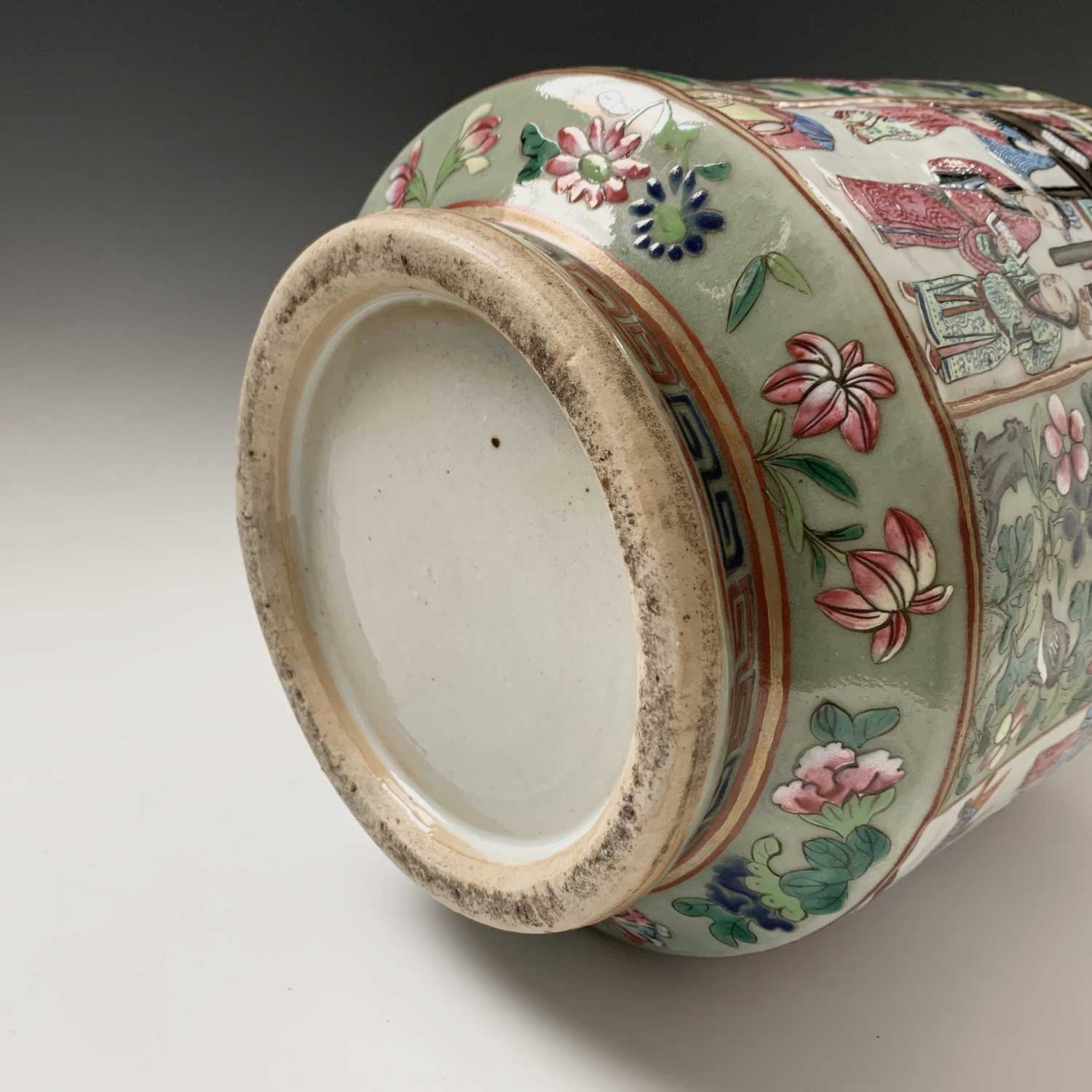 A Chinese Canton twin-handled celadon vase, 19th century, with butterflies amongst foliage above - Image 4 of 27