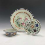 A large Chinese famille rose charger, 18th century, diameter 38.5cm, a Chinese porcelain dish,