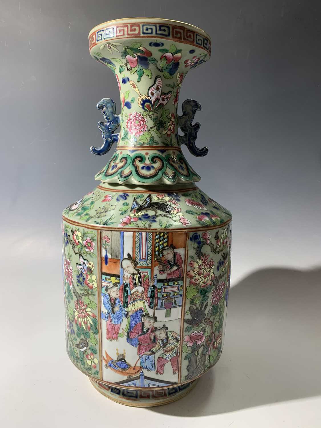 A Chinese Canton twin-handled celadon vase, 19th century, with butterflies amongst foliage above - Image 15 of 27