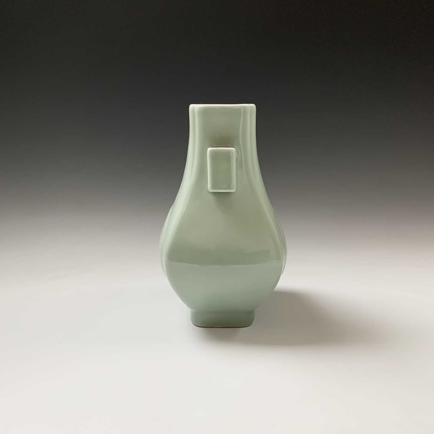 A Chinese celadon hu-form vase, Guangxu Period, with square section lug handles, six character marks - Image 3 of 14