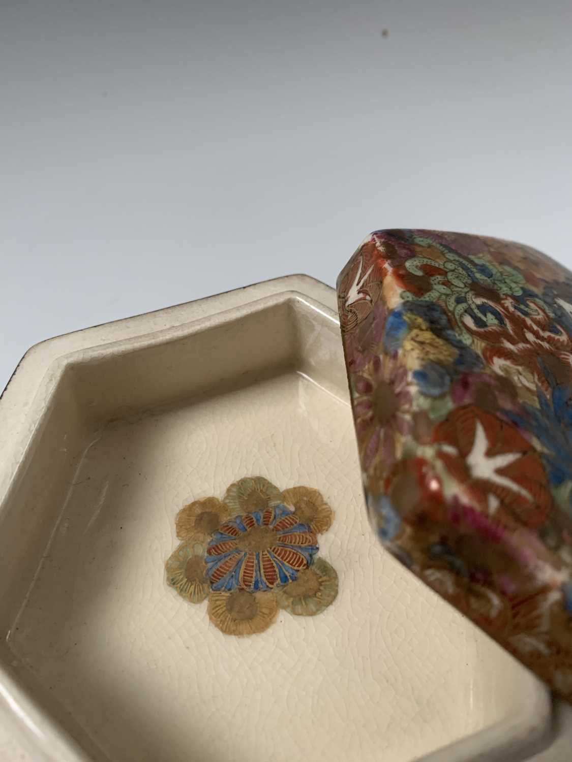 A Japanese satsuma millefleur hexagonal box and cover, Meiji Period, signed, height 5.5cm, width - Image 3 of 7