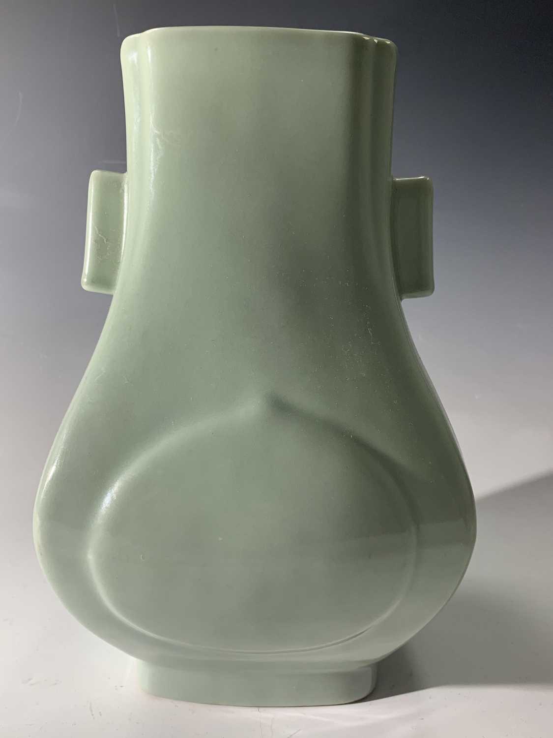 A Chinese celadon hu-form vase, Guangxu Period, with square section lug handles, six character marks - Image 7 of 13