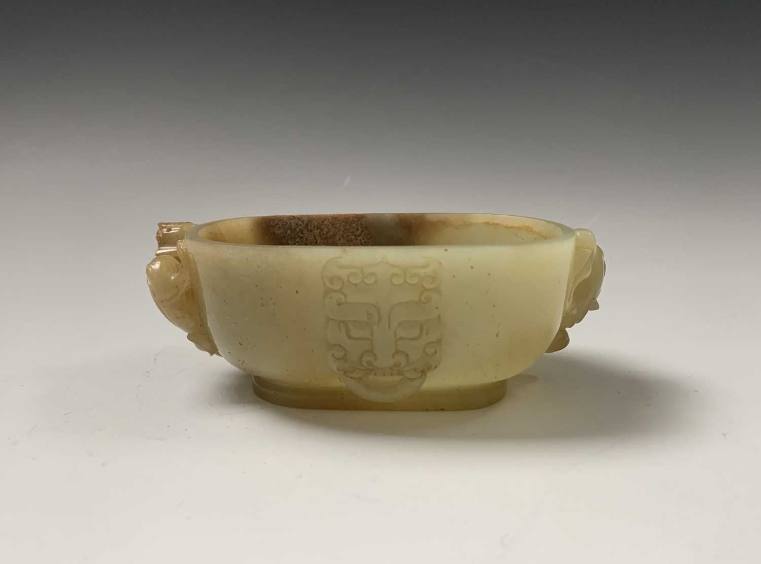 A Chinese jade water pot, 18th century, with twin horned beast handles, the front and rear with - Image 5 of 14