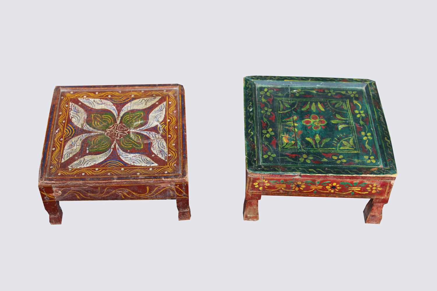 Two Indian small low painted tables, green table height 15.5cm, 31cm square and red table height - Image 2 of 4