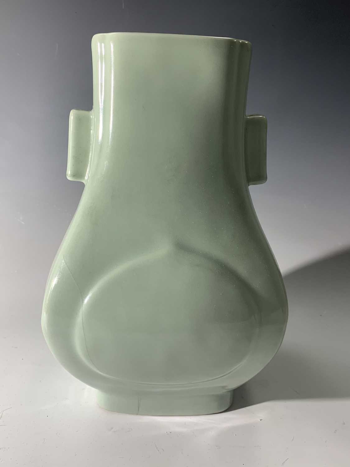 A Chinese celadon hu-form vase, Guangxu Period, with square section lug handles, six character marks - Image 5 of 13