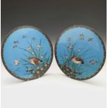 A pair of Japanese cloisonne chargers, Meiji Period, with birds amongst foilage, diameter 36.5cm.