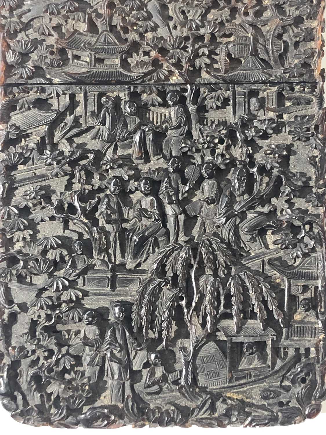 A Chinese tortoiseshell card case, 19th century, intricately carved with figures amongst buildings - Image 9 of 15