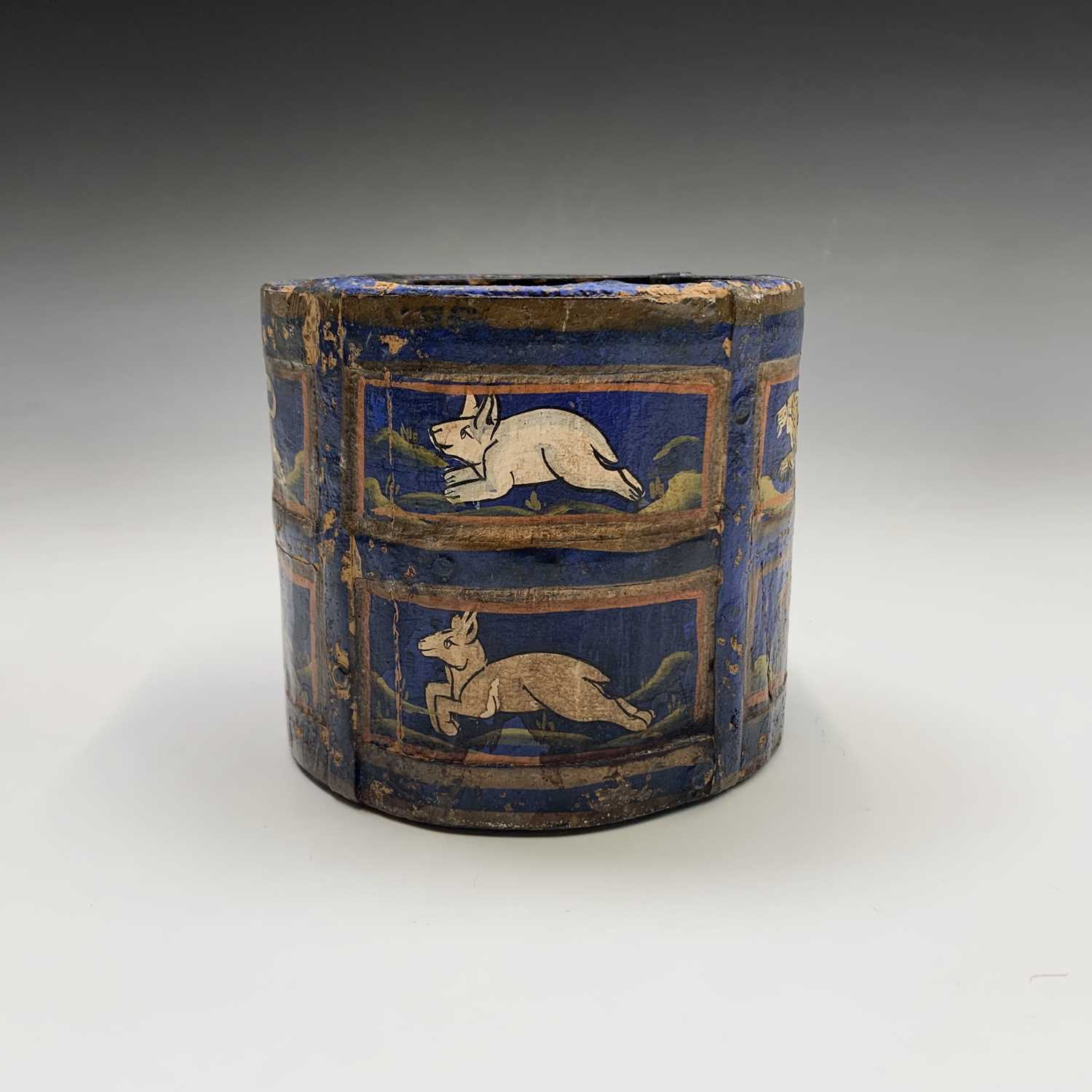An Indian blue painted wood circular pot, the rectangular panels enclosing stylised animals, - Image 4 of 5