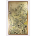 A Chinese large silk painting of a mountainous scene, by Xueyan, entitled 'Mist wreathed Temple',