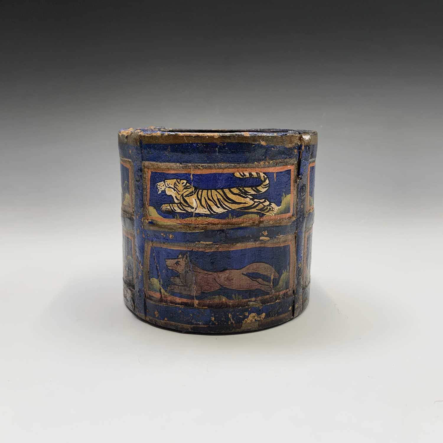 An Indian blue painted wood circular pot, the rectangular panels enclosing stylised animals, - Image 5 of 5