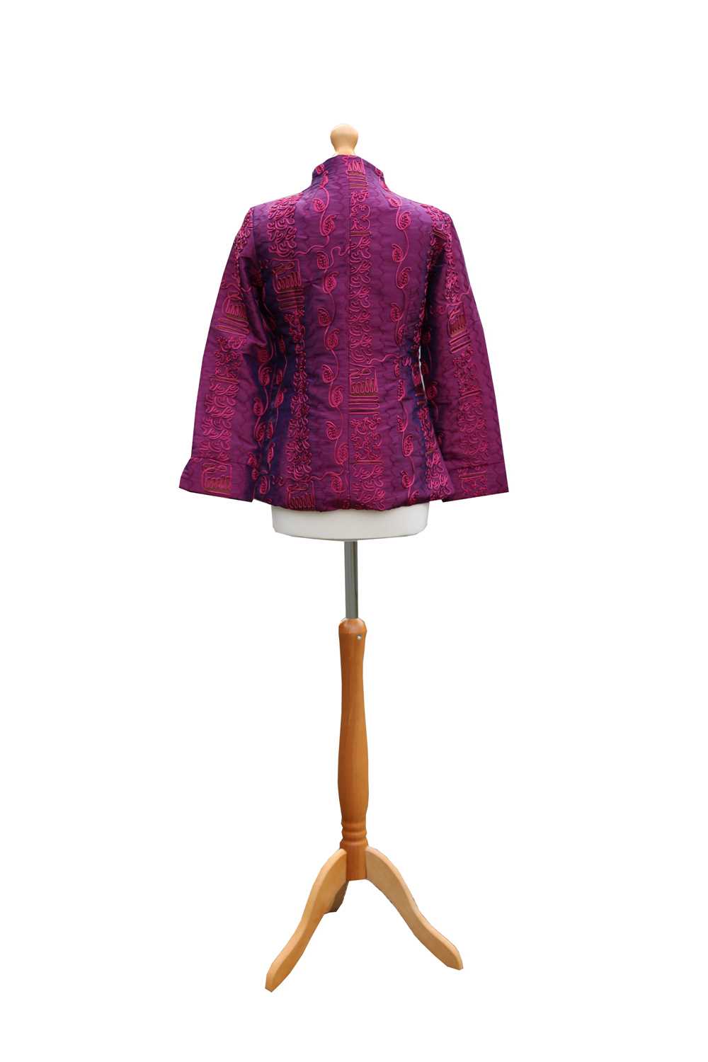 A Chinese lady's jacket, 20th century, in shimmering purple with decorative raised embroidery, - Image 2 of 3