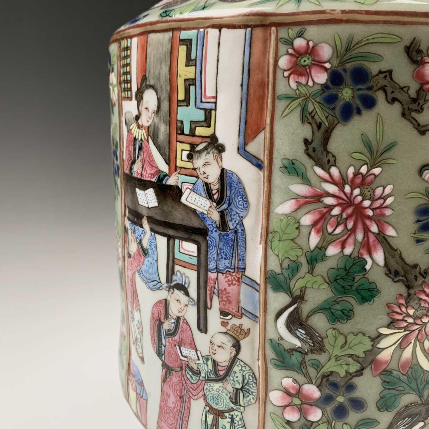 A Chinese Canton twin-handled celadon vase, 19th century, with butterflies amongst foliage above - Image 3 of 27