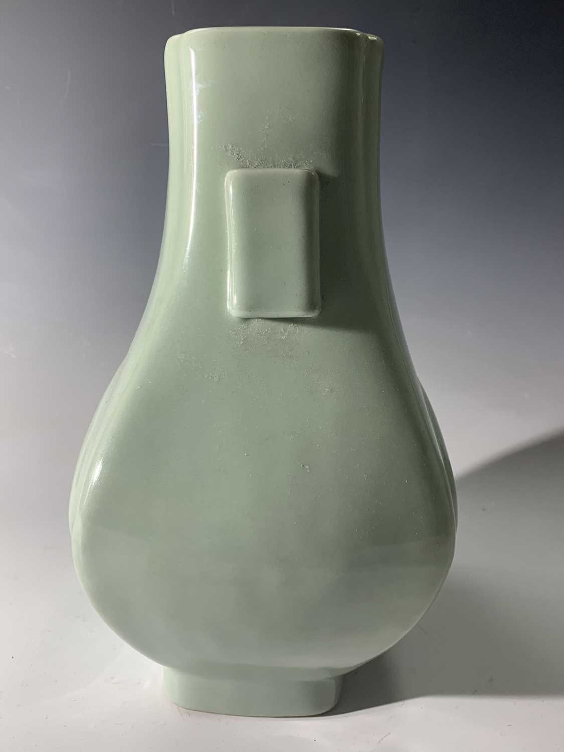 A Chinese celadon hu-form vase, Guangxu Period, with square section lug handles, six character marks - Image 6 of 13