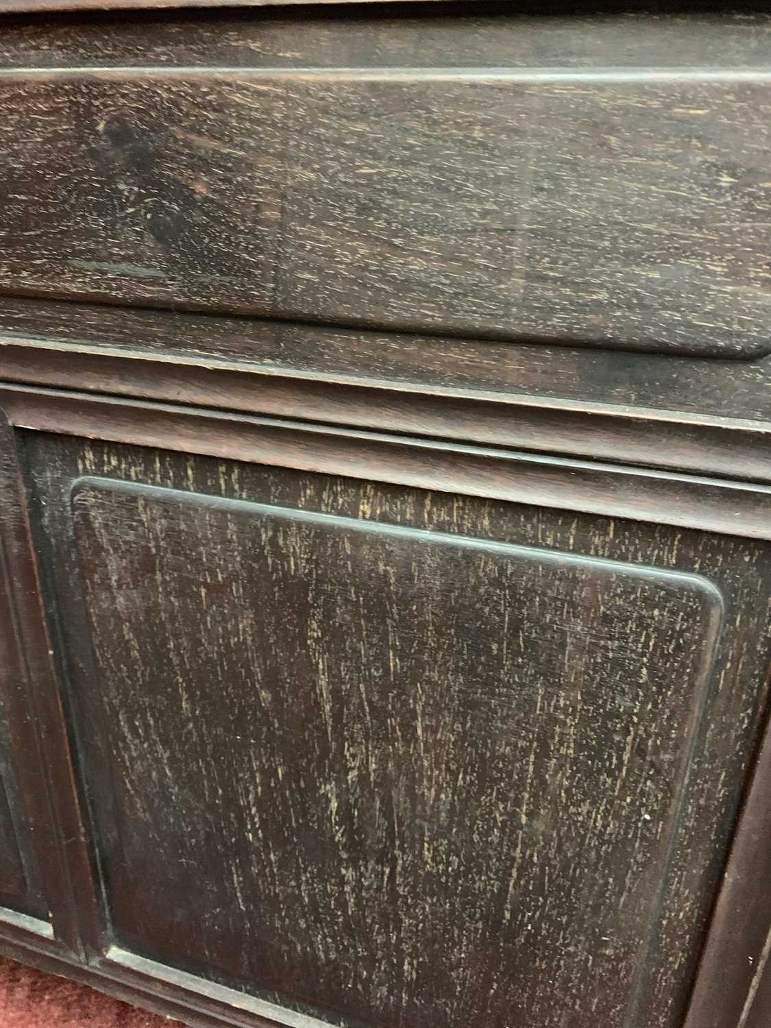 A Chinese hardwood twin pedestal desk, late 19th century, with bat and roundel carved stretchers, - Image 6 of 10