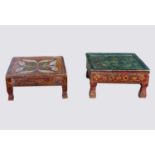 Two Indian small low painted tables, green table height 15.5cm, 31cm square and red table height