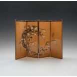 A Japanese bamboo four-fold table screen, early 20th century, signed, carved and painted with