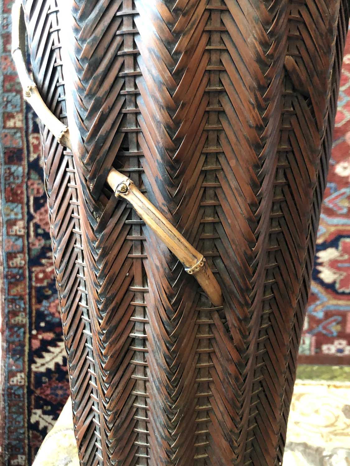 A Japanese bamboo and wicker fish basket, with entwined handle and fluted tapering body, height - Image 4 of 14