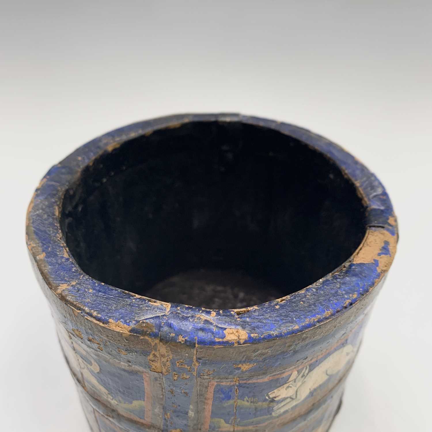 An Indian blue painted wood circular pot, the rectangular panels enclosing stylised animals, - Image 3 of 5