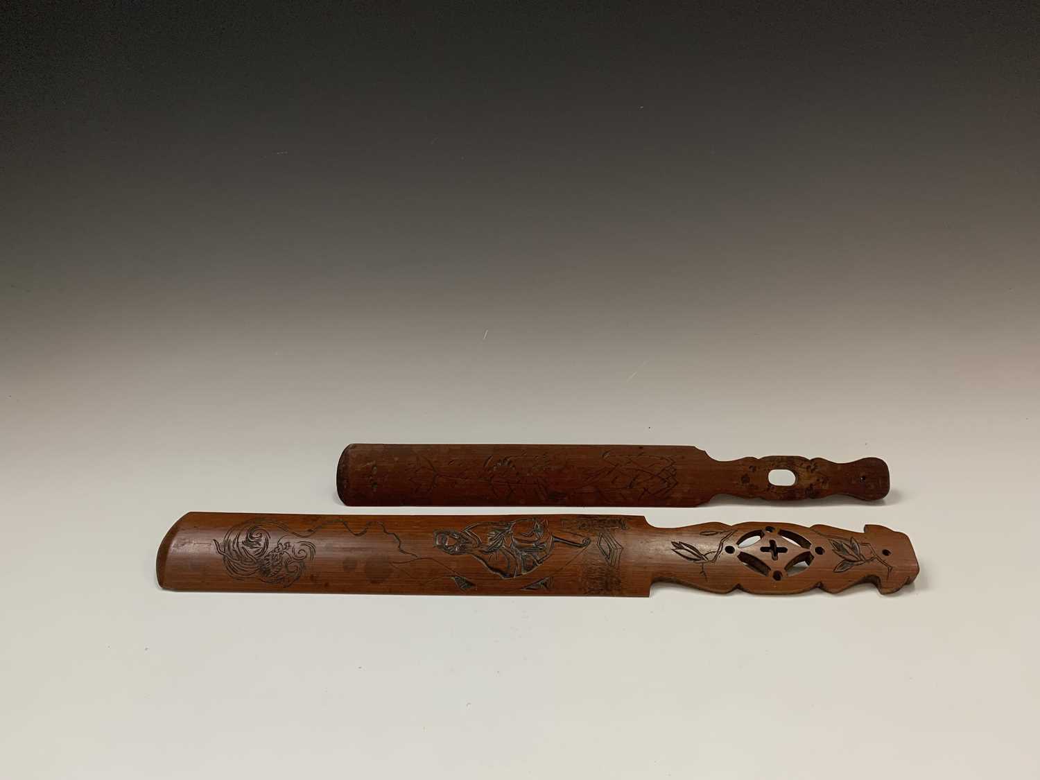 Two Japanese carved bamboo paper knives, Meiji Period, lengths 45cm and 36.5cmCondition report: UK - Image 4 of 10