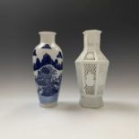 A Chinese blanc de chine hexagonal tapering retculated vase, height 30cm and a Chinese blue and