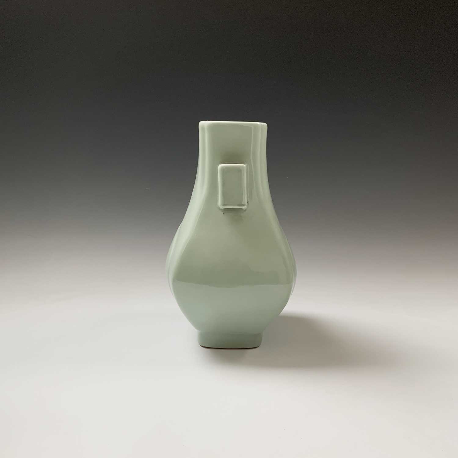 A Chinese celadon hu-form vase, Guangxu Period, with square section lug handles, six character marks - Image 4 of 13