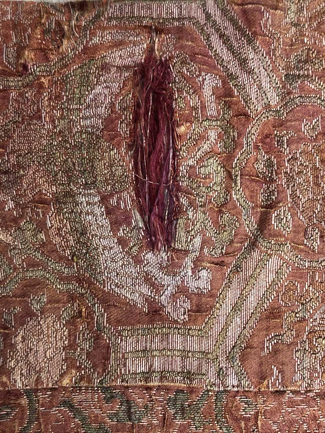 A Chinese gold thread silk brocade wall hanging, 19th century, with six square silk emroidered - Image 6 of 11