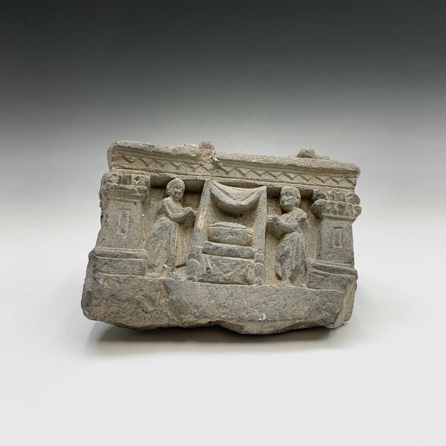 A North West Pakistan (Gandara) carved grey schist Buddhist fragment, 2nd-3rd century AD, the two