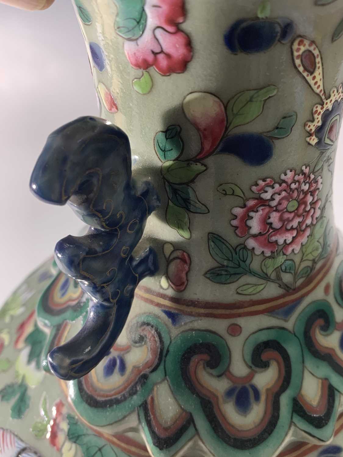 A Chinese Canton twin-handled celadon vase, 19th century, with butterflies amongst foliage above - Image 9 of 27